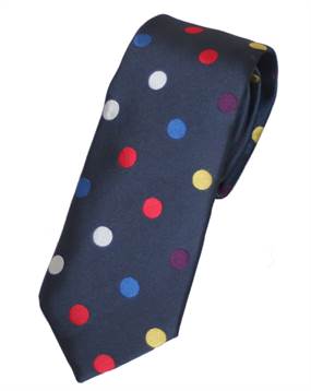 Mørkeblå slips med hvide og røde prikker